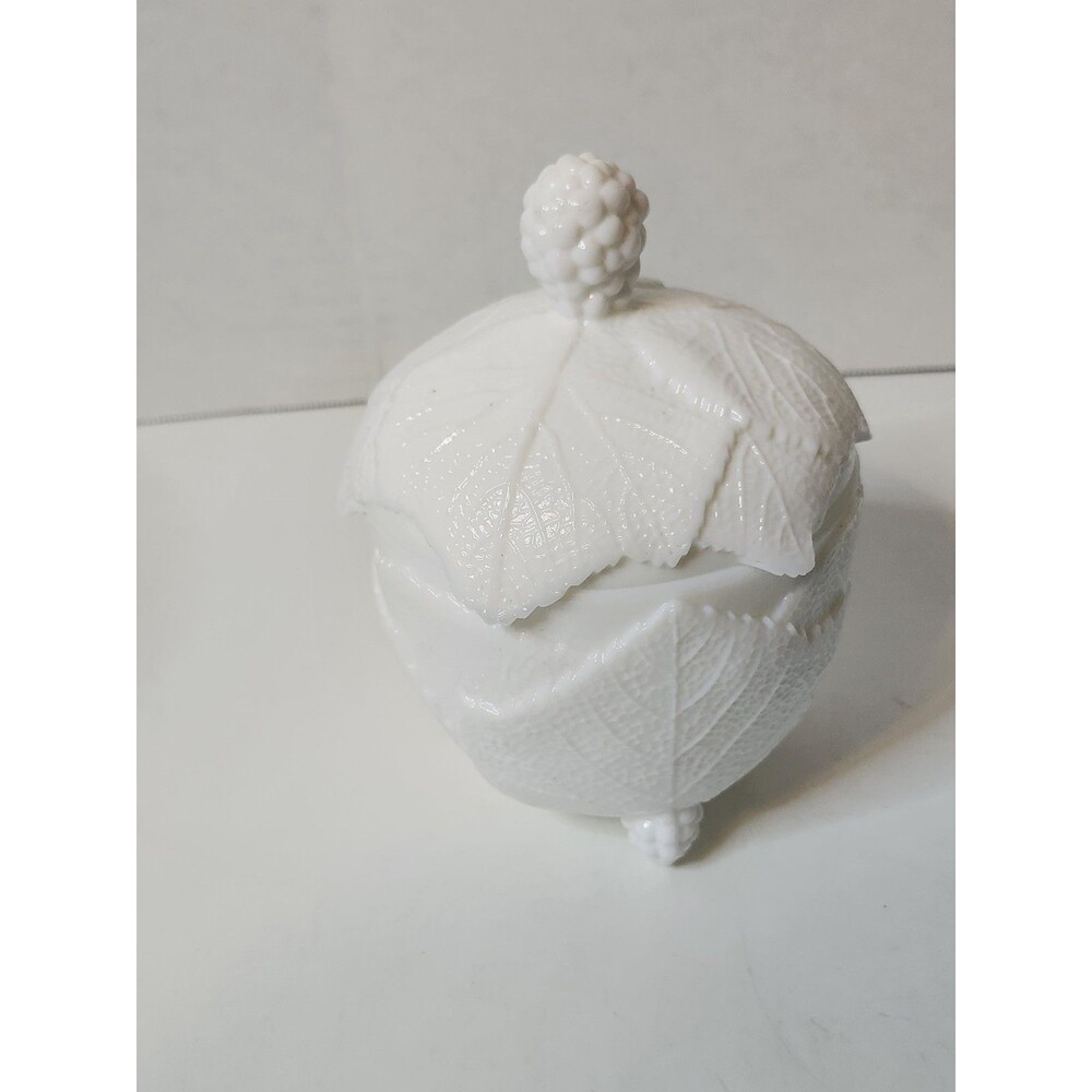 Vintage 6.5” Fostoria Milk Glass Grape Leaf Footed Candy Lidded Jar Dish